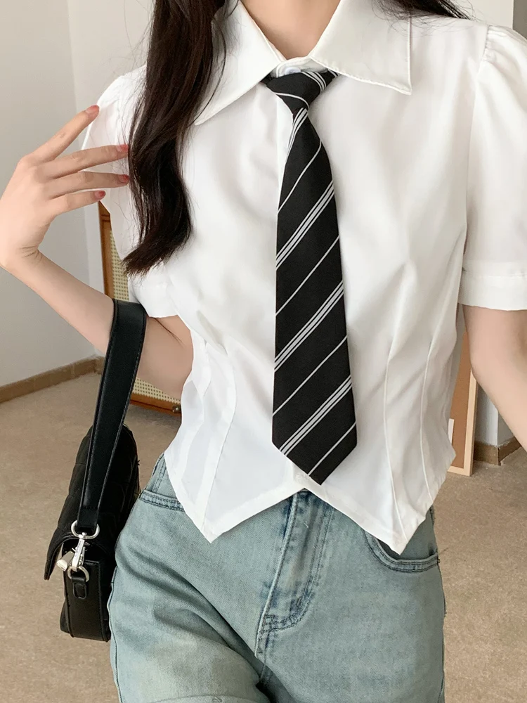 Sweet Bubble Sve irt Women's ort Sve Waist-Cinching Asymmetrical Design Korean Sle  Collar Commute Faion