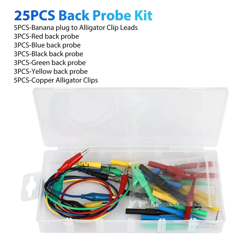 25 Piece Automotive Test Lead Kit, Back Probe Alligator Clip, Alligator Clip To 4Mm Banana Plug Test Probe Back Probe