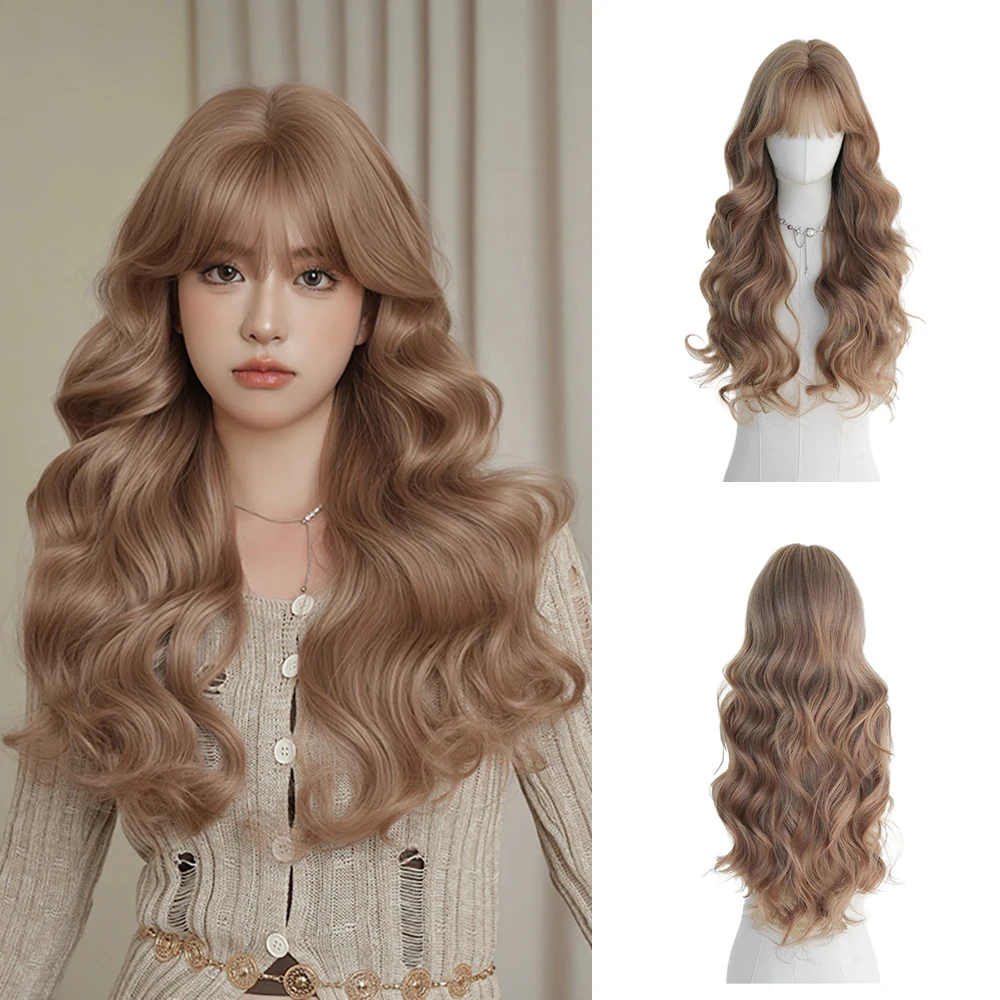 شعر مستعار اصطناعي طويل مجعد مع غرة ذهبية وبنية، شعر مستعار رقيق ومقاوم للحرارة مناسب للحفلات اليومية النسائية
