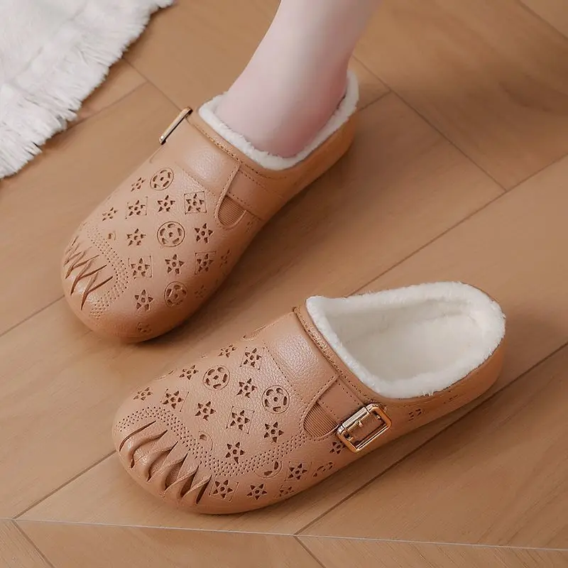 

Warm winter cotton water shoes for women 2025 plush insole leather slippers mom outdoor fur slides imitate hollow out slipper
