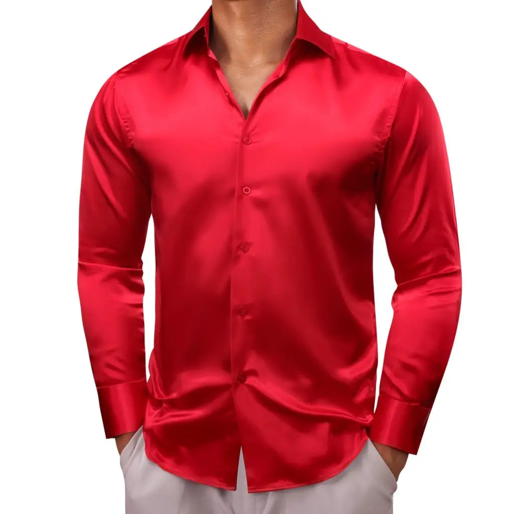 30 Colors Red Burgundy Shirts for Men Silk Long Sleeve Slim Fit Solid Plaid Casual Male Blouses Lapel Tops Clothing Barry Wang