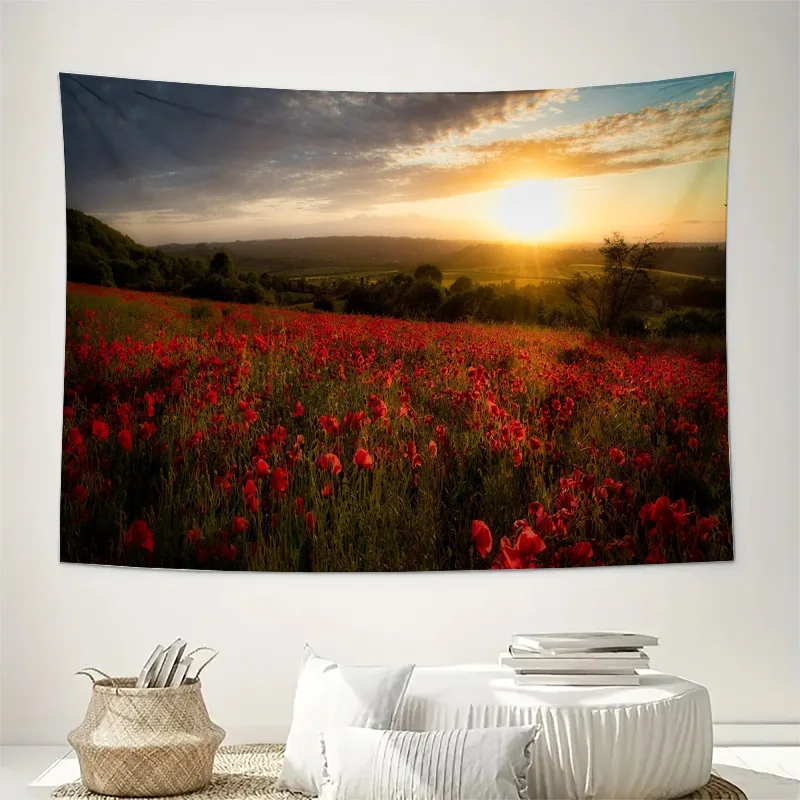 Red Poppy Field Sunset Landscape Wall Tapestry Machine Washable All Season Decor Art Print Nature Scenery Design Home non-toxic