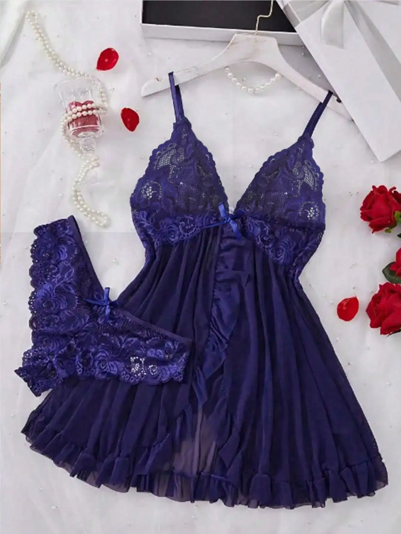 

Purple Lace Camisole Nightgown Set with Bow Detail, Sexy Sleepwear for Home or Special Occasions