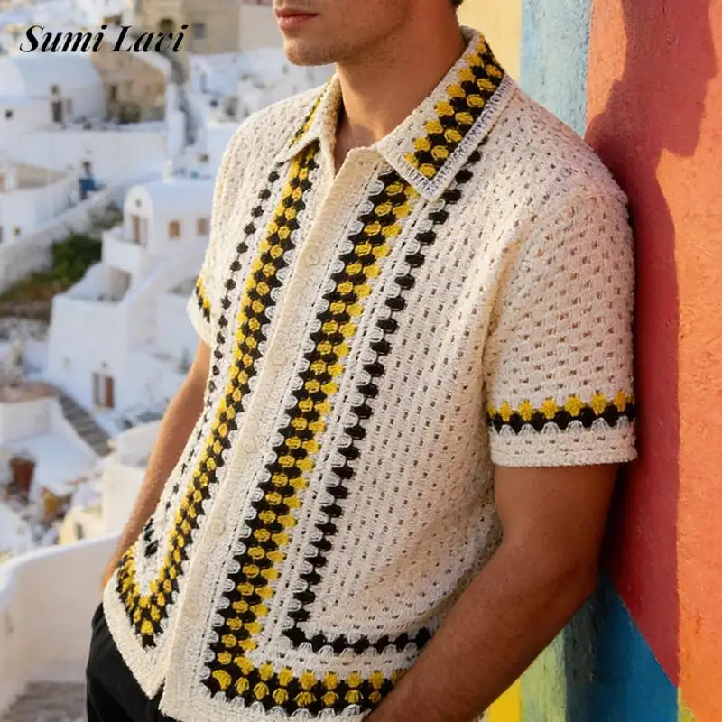 

Мужская вязаная рубашка с коротким рукавом и отложным воротником на пуговицах, весна-лето 2026, модная, с вырезами, сексуальная