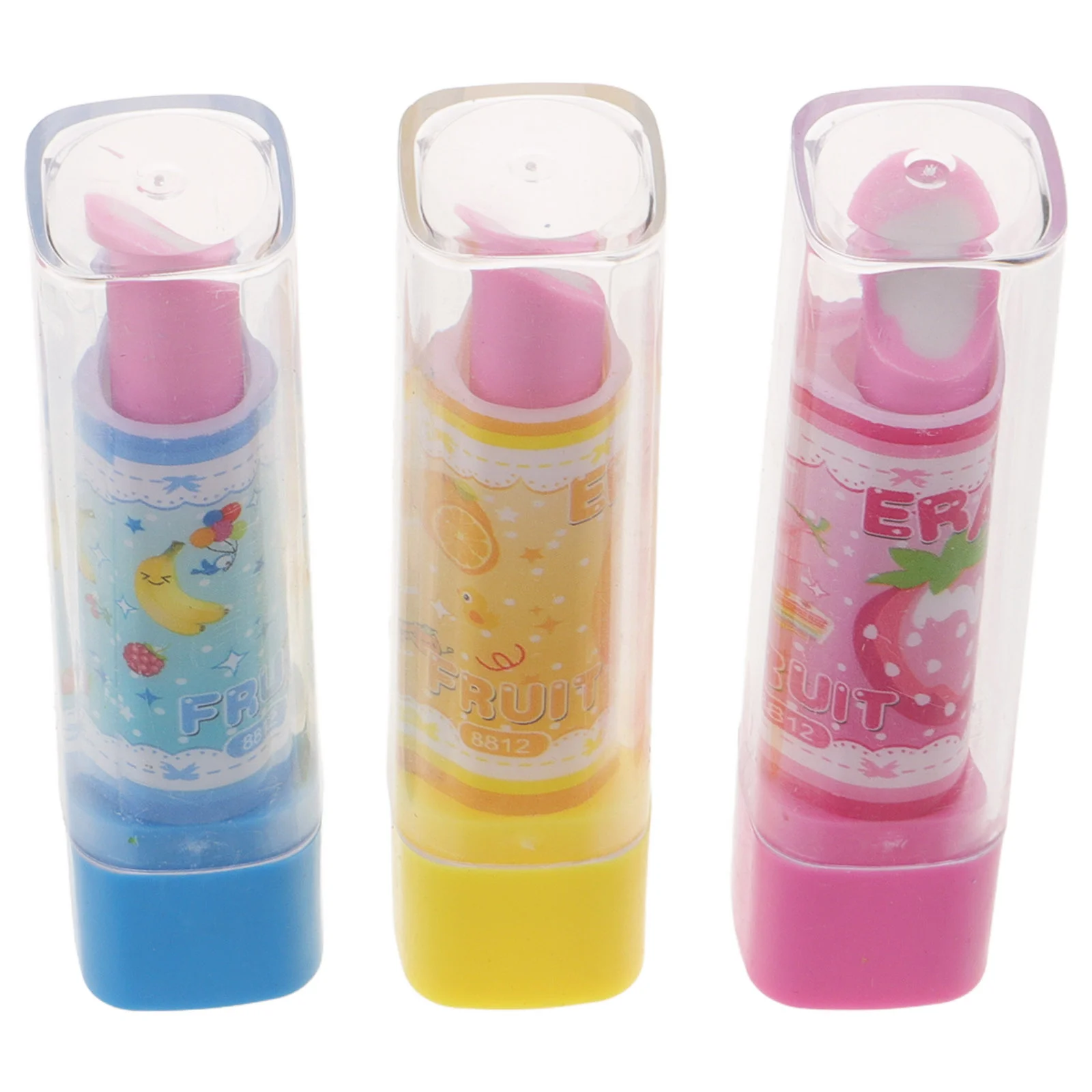 3 Pcs Lipstick for Kids Fruit Pattern Eraser Cartoon Stationery Rubber Pen Novelty Student