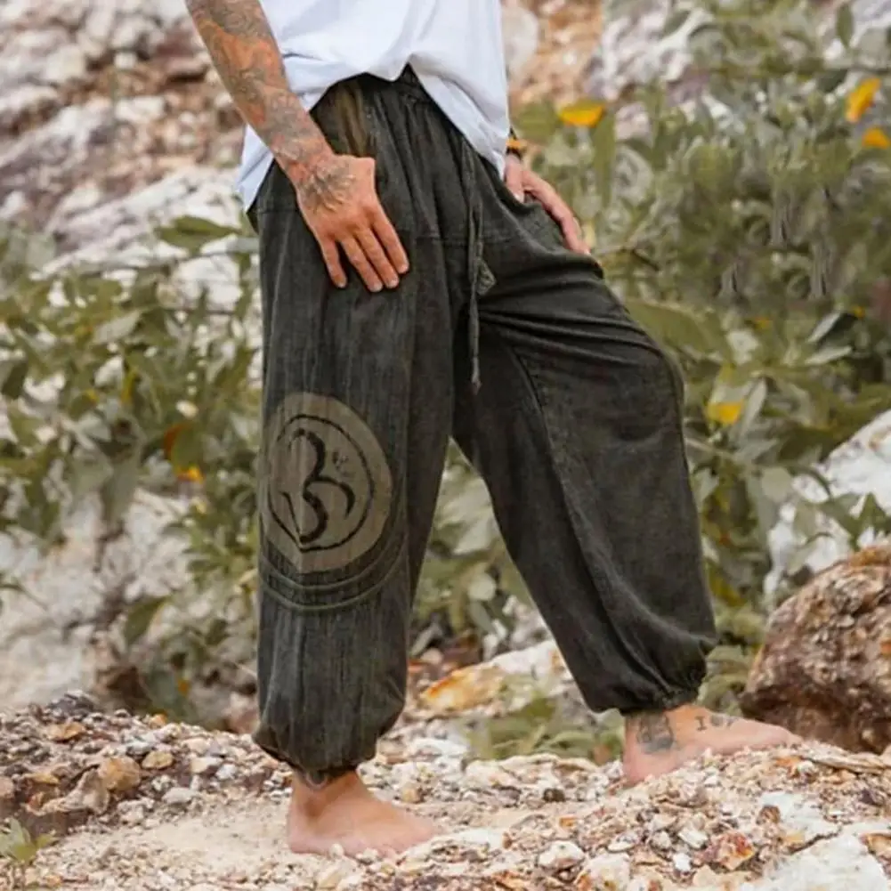 

Ethnic Print Pants Vintage Ethnic Print Men's Loose Drawstring Pants with Side Pockets Comfortable Daily Wear Trousers Large