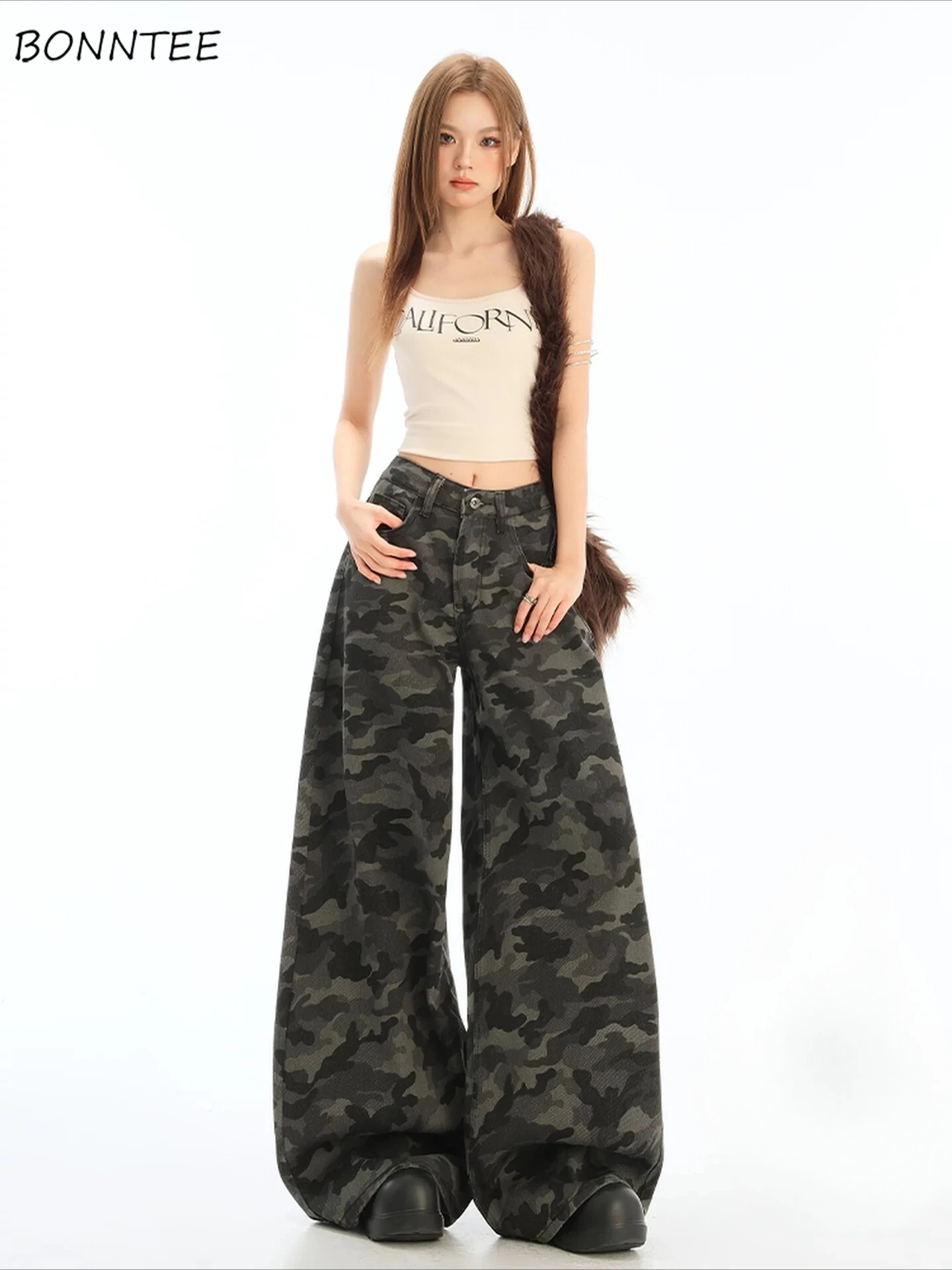 

Camouflage Wide Leg Floor Jeans Women Vintage High Waist Flared Denim Patchwork Embroidered Pleated Loose Streetwear Chic Daily