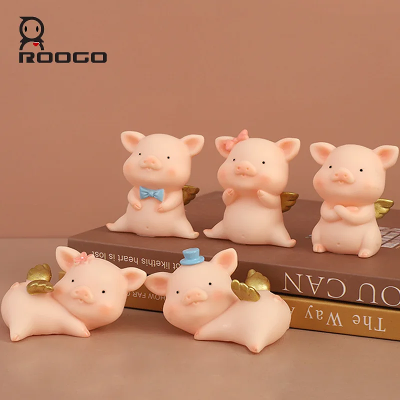 Roogo Cute Pig Figurines Home Decoration Creative Pet Pig Mini Ornaments Cake Topper Birthday Gift Car Interior Desktop Decor