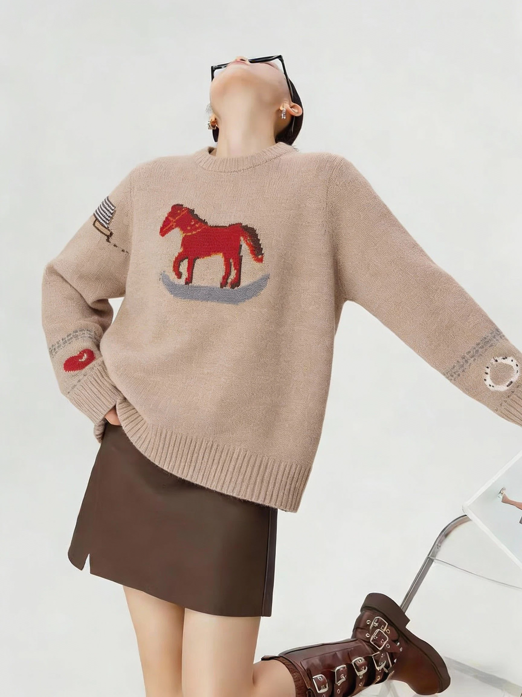 

Светло-хаки вязаный свитер с забавным узором, женская верхняя одежда, универсальный вариант для повседневной носки в течение года