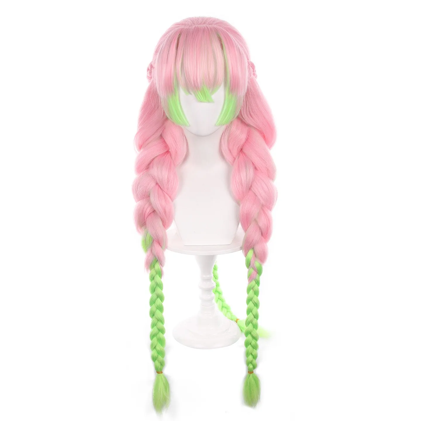Anime Mitsuri Kanroji Cosplay Wig 100cm Long Pink Green Five Braids Heat Resistant Hair Cosplay Wigs + Free Wig Cap
