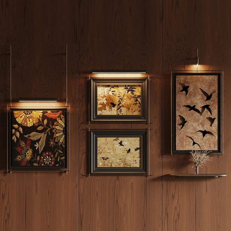 wall lamp, wall hanging pole, antique decorative painting in the background wall of the entrance of the sales office