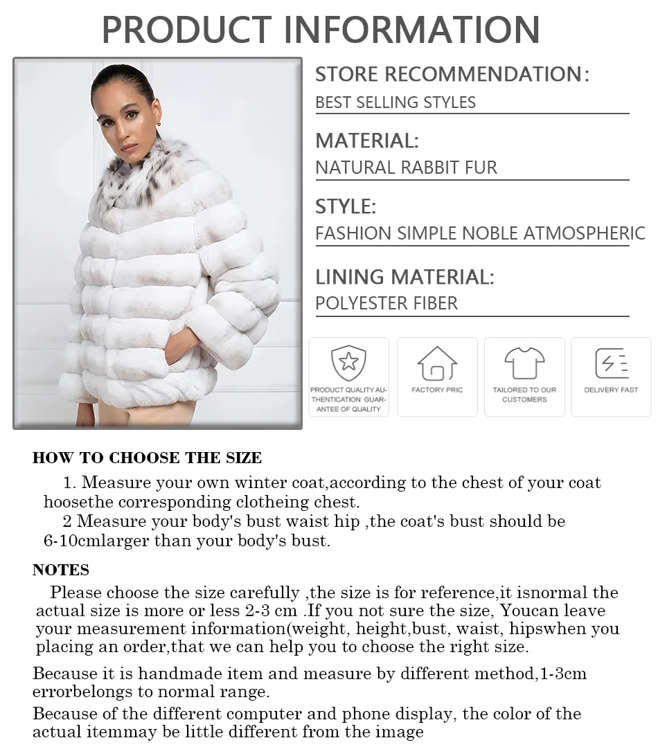 Natural Rabbit Fur Coat Women's Winter Jacket Short Chinchilla Rex Rabbit Fur Coat With Real Fox Fur Collar High Quality