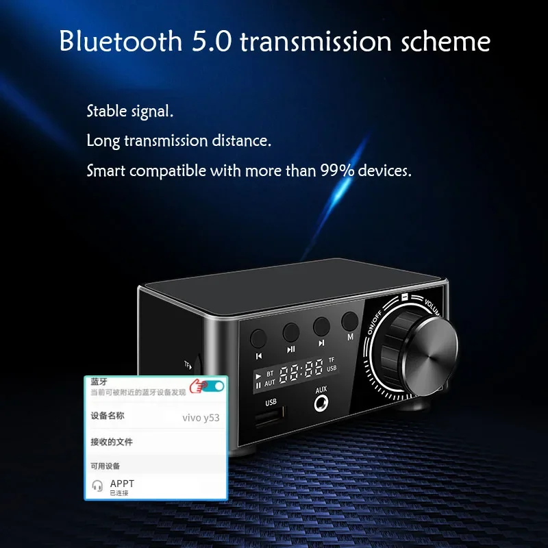 50W+50W Mini Audio HiFi Bluetooth 5.0 Amplifier Digital Audio Power Amp Class D TF Card USB AUX TF Home Theater HiFi Stereo