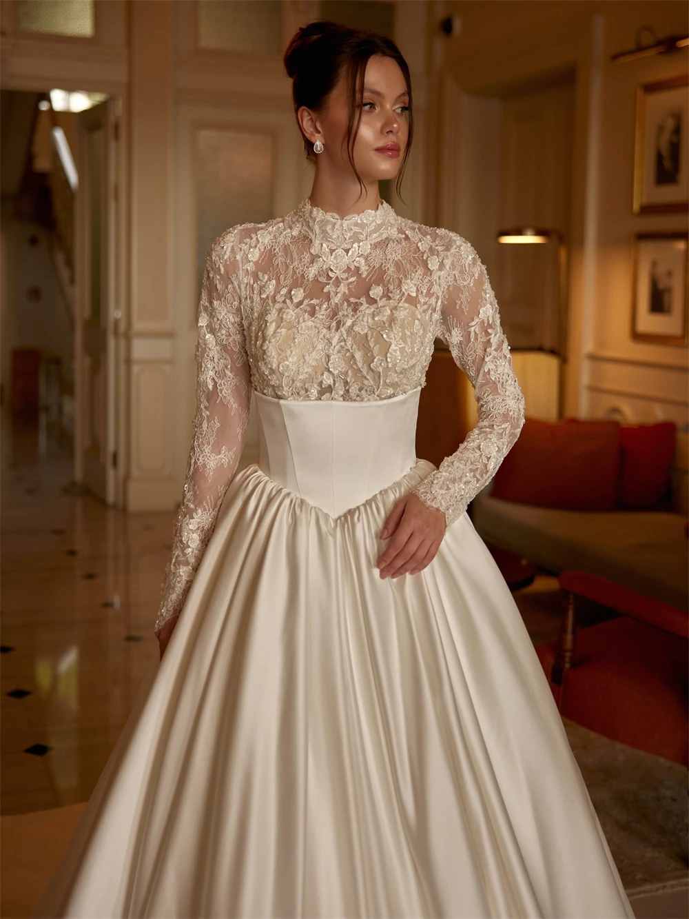 فستان زفاف مثير من الساتان الأبيض مخصص رسمي برقبة دائرية وأكمام طويلة زي العرائس ناعم على شكل حرف a ذيل شابيل فيستدو دي نوفيا #3