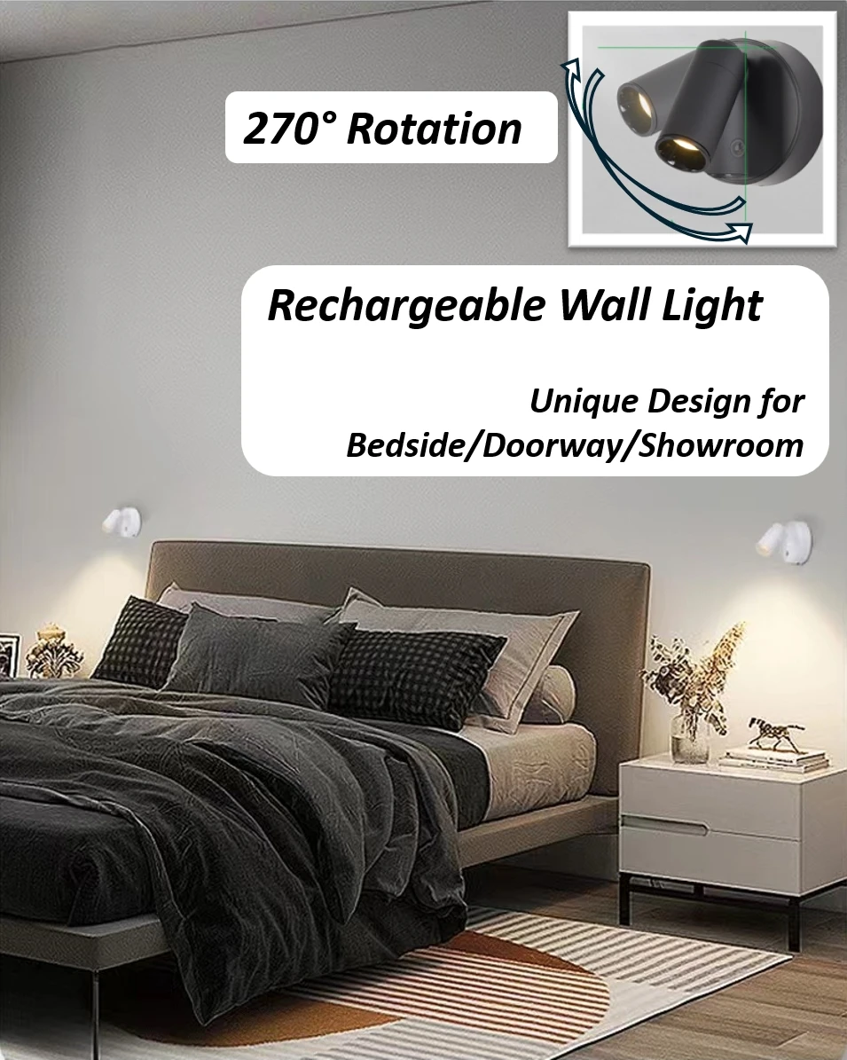 

Rechargeable Magnetic 3Colors Led Wall Lamp Touch Control Wireless Spotlights Cordless for Bedside Reading Ambient Night Light