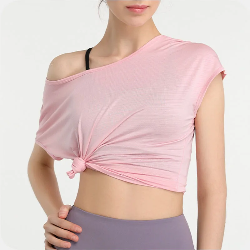 Striped Knit Yoga T-Shirt Sports Running Short Sleeved Tee Temperament Crop Top Dance Training Elastic Fitness Clothes for Women
