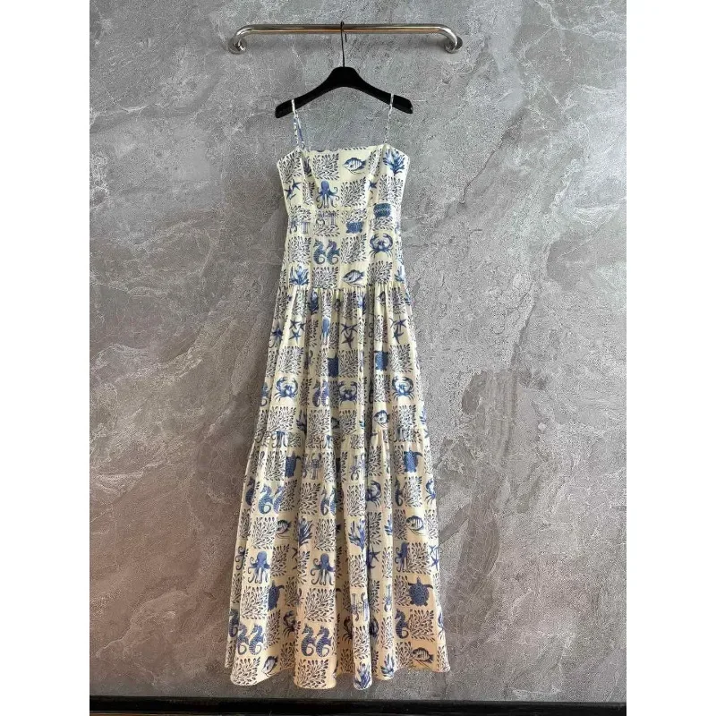 

Blue White New High Quality 2025 Sea Print Sling Pleat Midi Dress Sleeveless for Holiday Sweaty Attractive