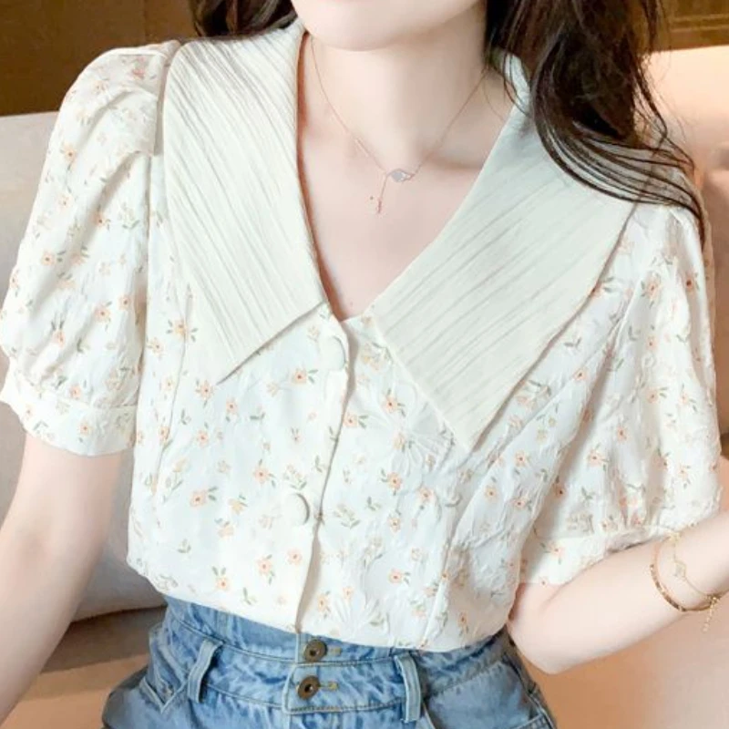 Blouses Women Floral Sweet Simple Design Peter Pan Collar Leisure Girlish All-match French Style Tender Summer Puff Sleeve Daily