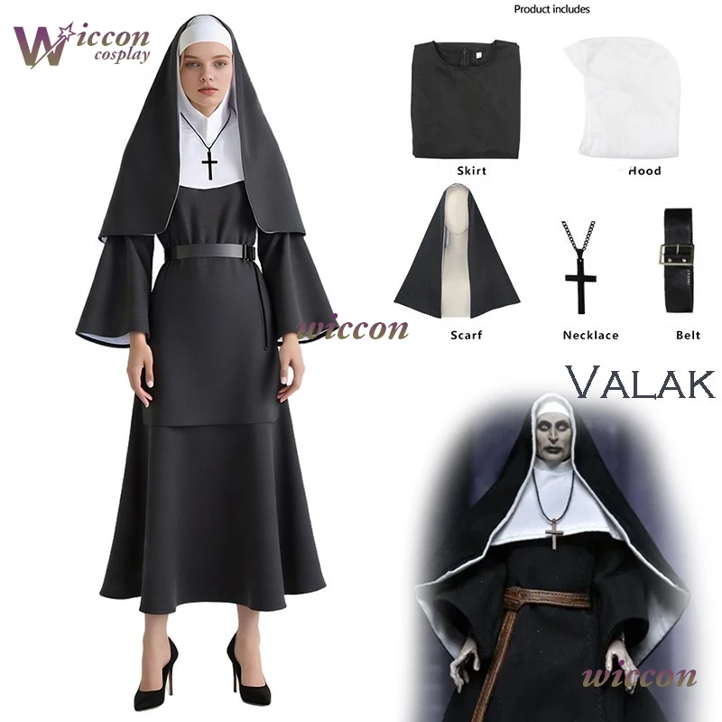 Disfraz de monja cósmica The Conjuring Valak, disfraz de mujer aterradora, disfraz de hombre torcido, vestido de hermana negra de Halloween, sombrero disfraz