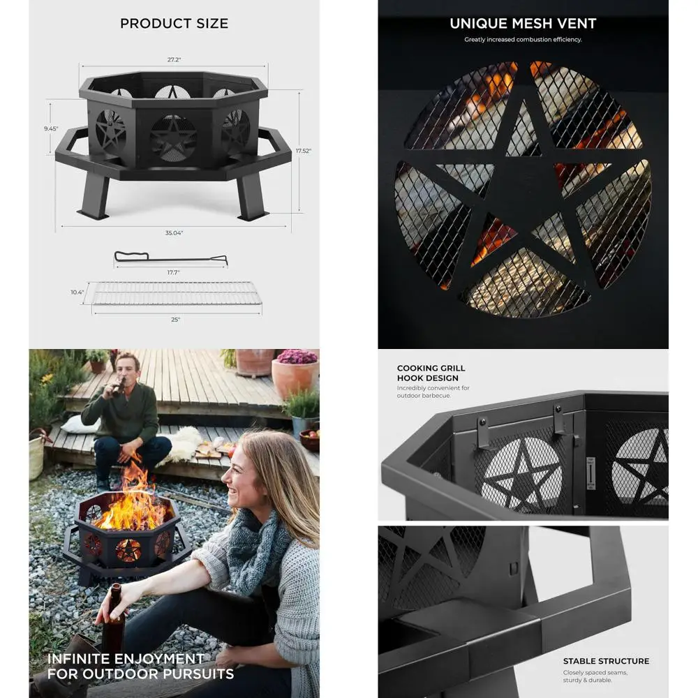 

35 Octagonal Outdoor Wood-Burning Fire Pit with Cooking Grill, Heavy Duty for Backyard, Patio, Picnic, Camping