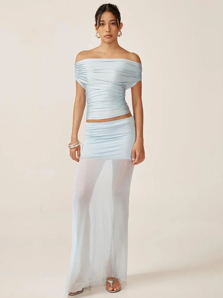 

XIAOTANG Elegant Sexy Dress Set Women Off-shoulder Backless Crop Tops and Maxi Skirt Female See Through Club Beach 2 Piece Set