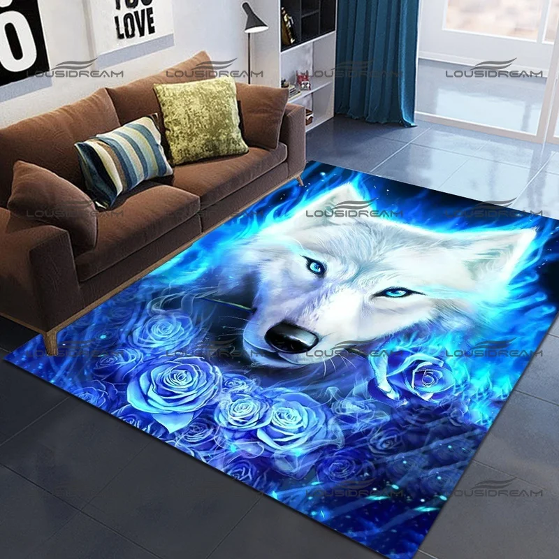 Blue Rose and Wolf Carpet Square Flannel Animal Pattern Decorative Rugs Modern Home Living Room Floor Mats Bedroom Carpet