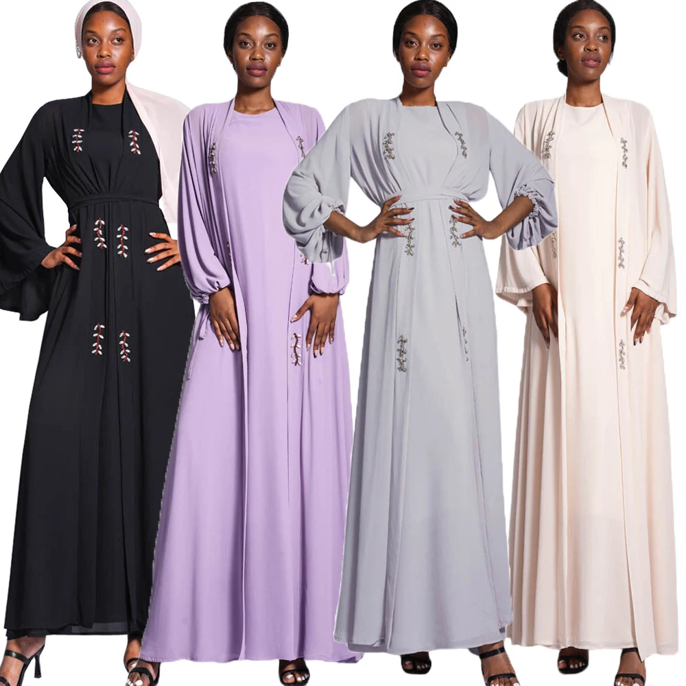 

New Diamonds Chiffon Open Abayas for Women Muslim Dress Dubai Turkey Belted Kimono Jalabiya Islamic Clothing Arabic Robe Kaftan