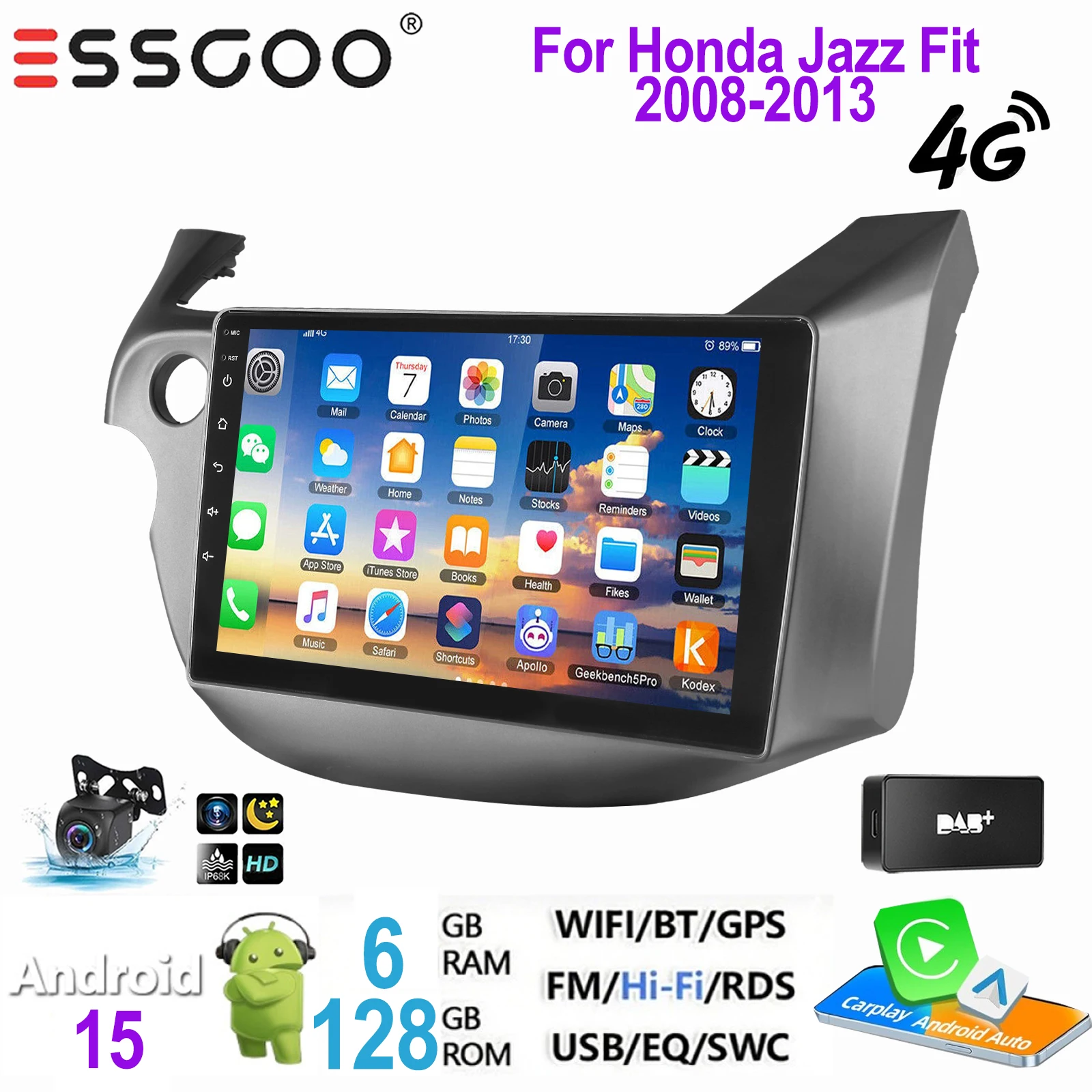 ESSGOO 2 DIN autoradio voor Honda Jazz Fit 2008-2013 Android 15 met draadloze Carplay, Android Auto, GPS, NAVI, WIFI, SWC, RDS, FM, ASP
