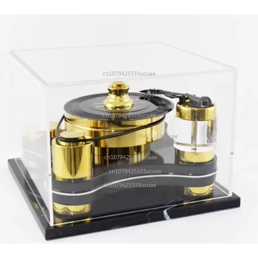 Black minimalist stainless steel vinyl record player turntable with wood grain effect for family hotel club decor