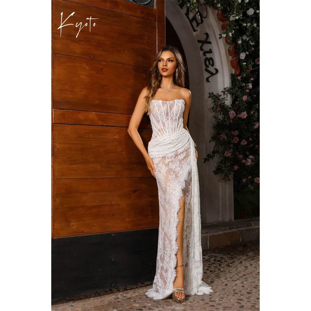 

Kyoto Customized Vintage Embroidery Waist Pleated Wedding Dress SheathSplit Straplessفستان زفافFloor-Length LaceUpAbito da sposa