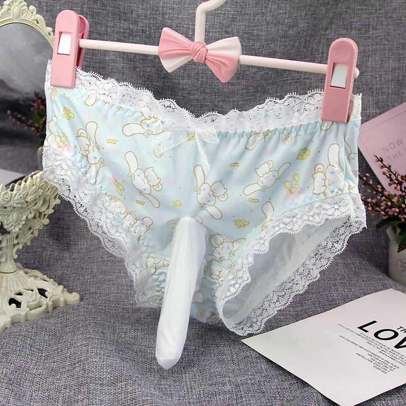 Japanese Cute Bow Men\'s JJ Set Underwear Lace Aircraft Socks Tight Underpant Cartoon Print Couple Underpant Sissy Pouch Panties