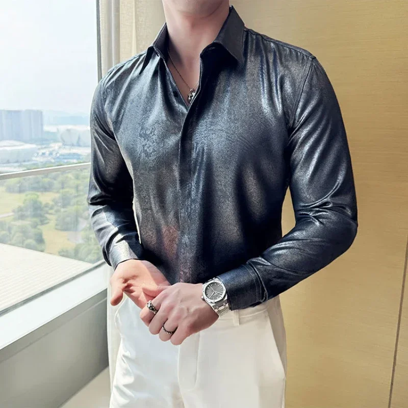 High quality luxury men\'s solid color long-sleeve shirt, perfect for parties and stage performances in autumn.M-4XL