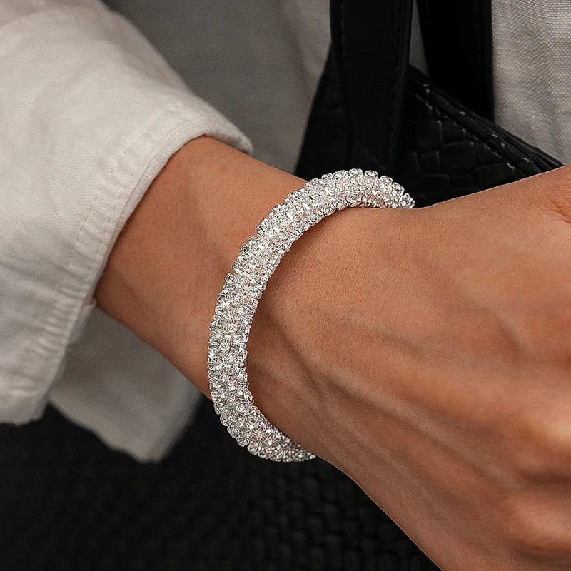 Open Cuff Bracelets Bangles For Women Gold Silver Color Crystal Rhinestone Chain Expandable Bracelet Jewelry Gift High Quality