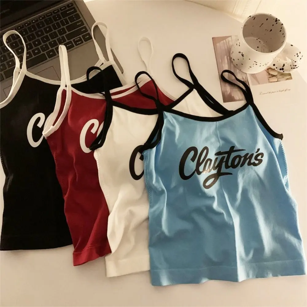 Underwear with Pads Letter Printed Tank Top Camisole Round Neck Women Y2K Crop Tops Sleeveless Korean Style Vacation