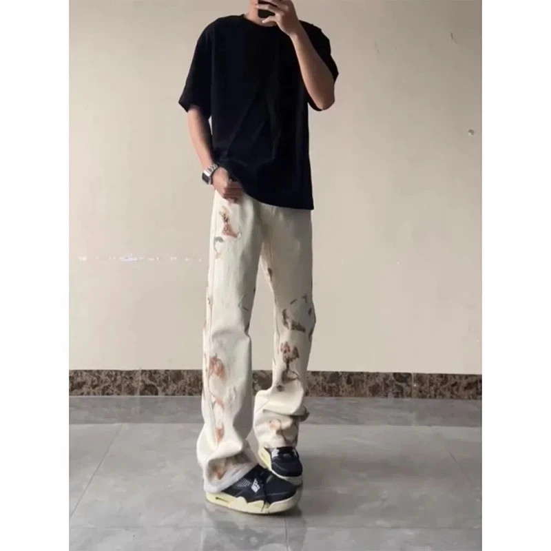 European American Hiphop High-end Design Flame Lace Jeans Trendy Brand Men Narrow Version, Slightly Flared Straight Pants