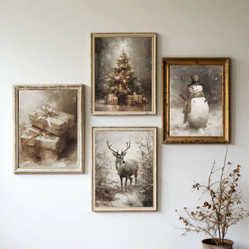 Vintage Holiday Christmas Pine Tree Winter Snowman Santa Claus Wall Art Posters Prints Canvas Painting for Room Home Decor Gift