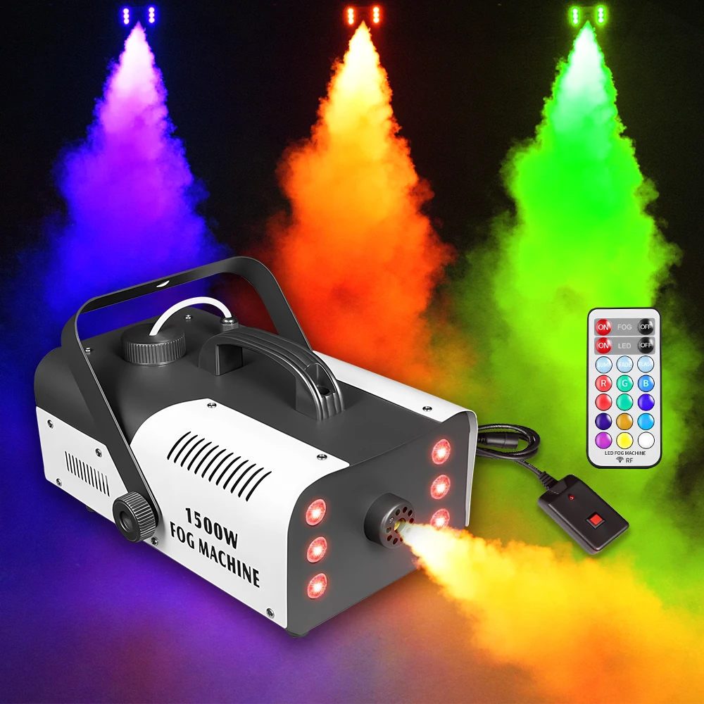 Maszyna do dymu LED o mocy 1500W, zdalne i DMX sterowanie, 6 diod RGB, 30-40 sekund ciągłego wytwornictwa dymu, zasięg rozprysku 8m, do atmosfery na wesela, sceny, KTV, imprezy DJ.