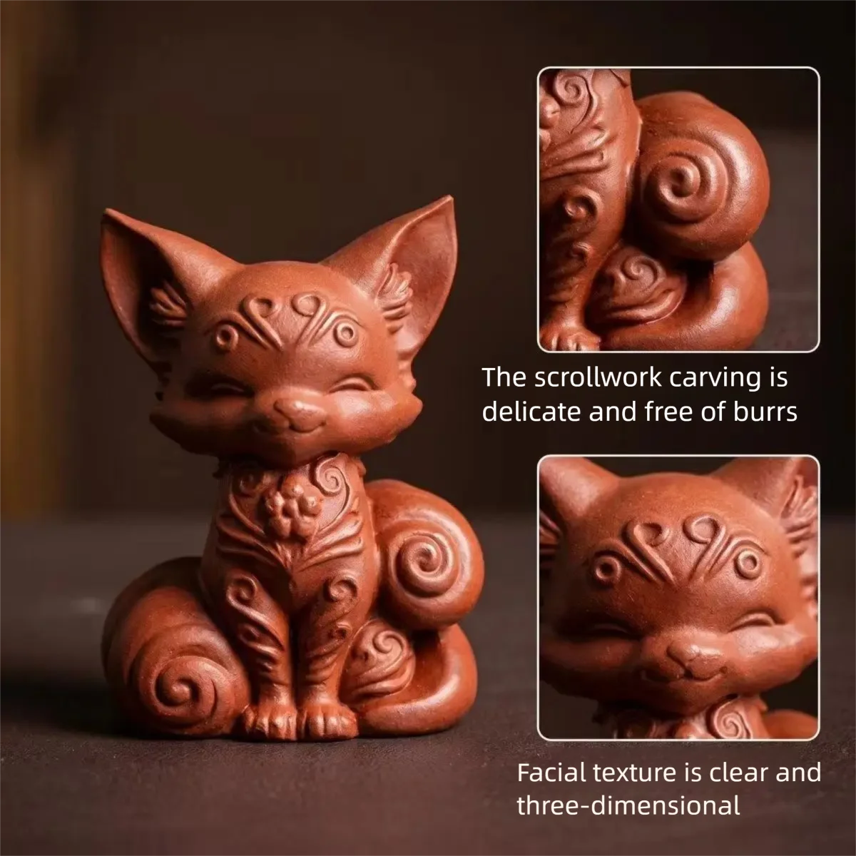 Yixing Zisha Nine Tailed Fox Tea Pet, Chinese Purple Clay Kitsune Figurine, Gongfu Tea Table Decoration Accessory Lucky Ornament