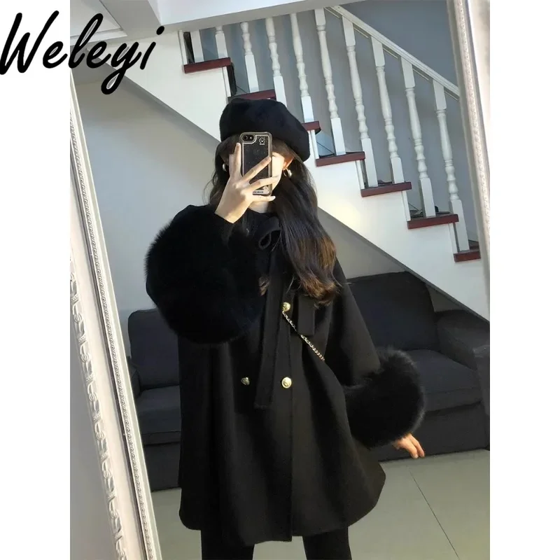 Large Size Winter High-end Woolen Coat Female 2024 New Women's Clothing Loose Long Sleeve Mid-length Wool Black Coats for Women