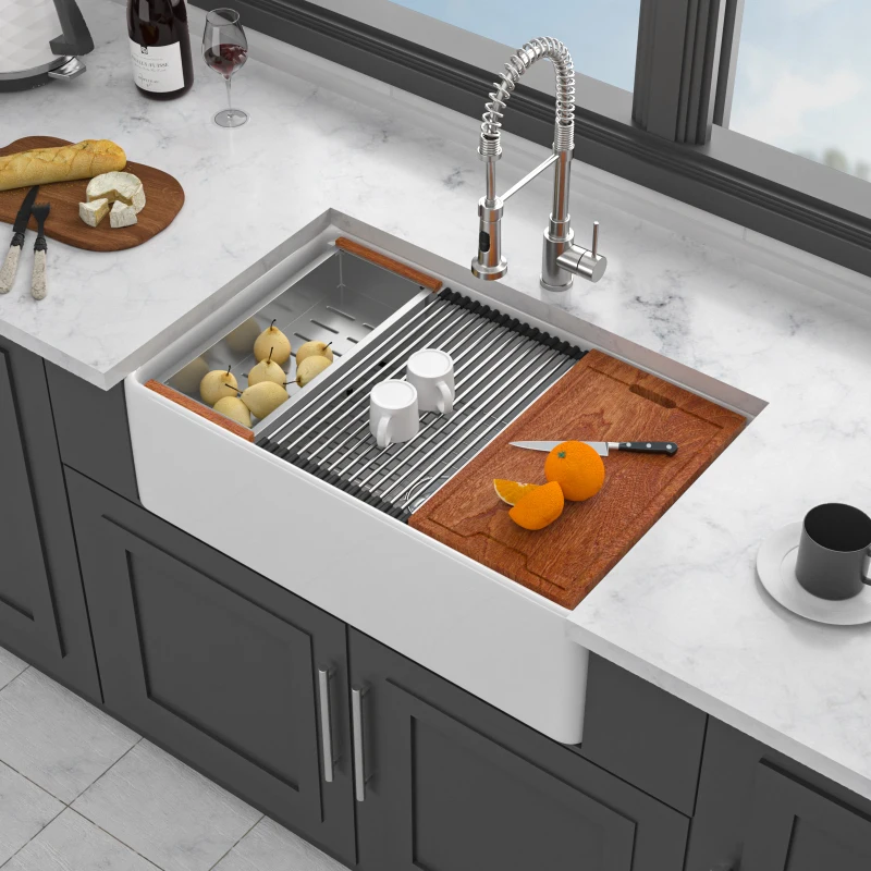 

White Kitchen Sink Workstation 33 X 20 X 10 Inch White Porcelain Ceramic Single Bowl Kitchen Sink