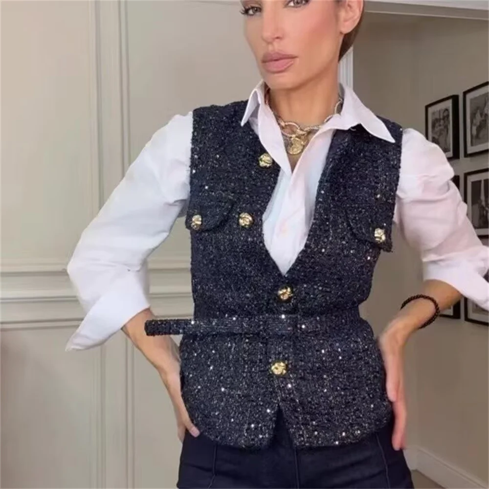 

Women's Spring New Fashion Round Collar Sleeveless with Belt Bead Decoration Buckle Texture Tank Top Vest