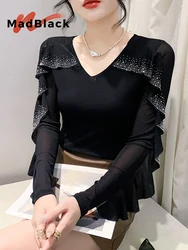 MadBlack European Clothing T-Shirt Women Sexy Ruffle V Neck Hot Drill Slim Mesh Top Long Sleeve Tee Spring Autumn 2024 T3D713JC