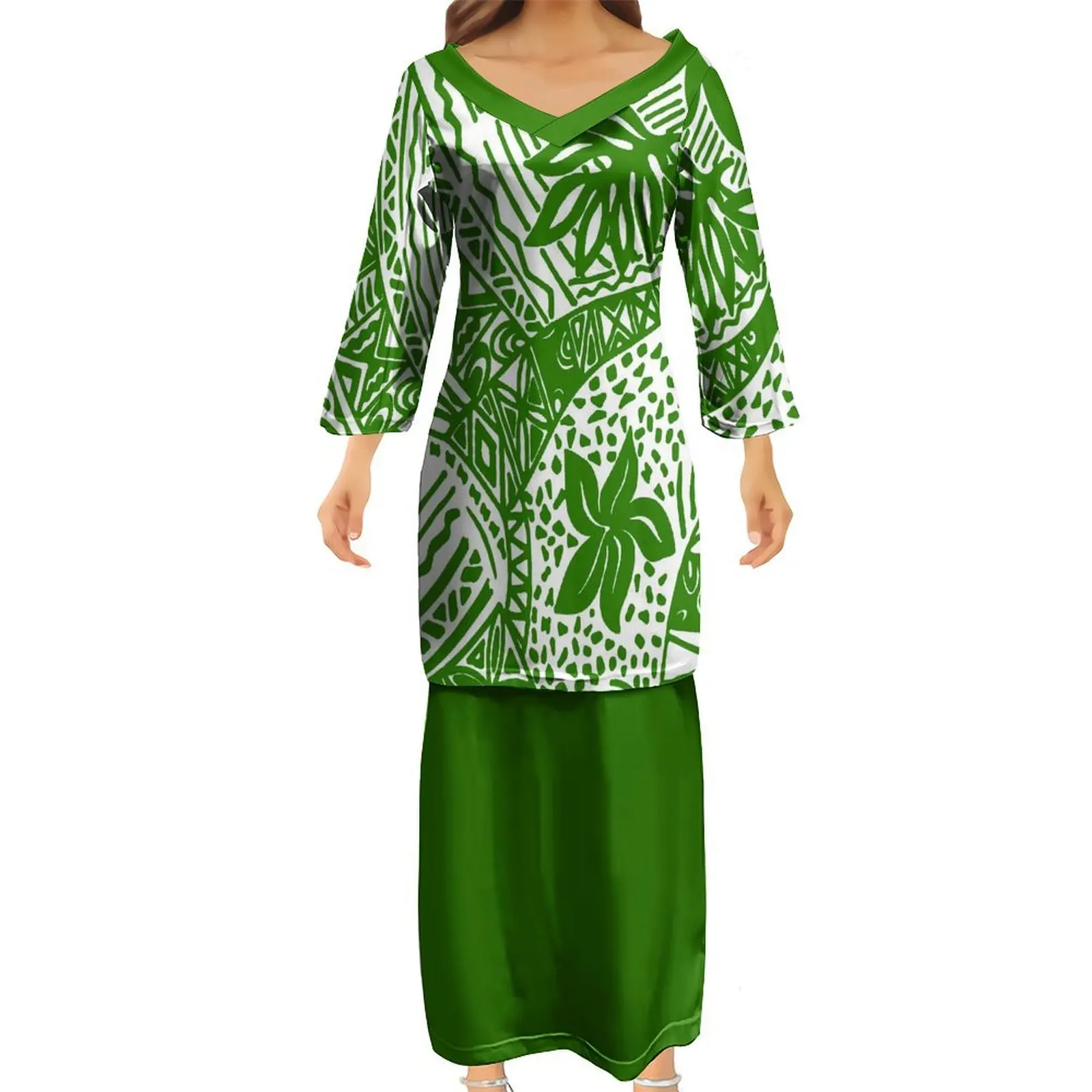 Custom Breathable Women'S V-Neck Long Sleeve Dress Puletasi Two-Piece Dress And Polynesian Tribe Matching Men'S Shirt Pair Suit