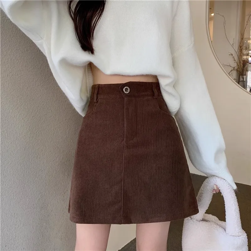 Autumn Winter American Retro Corduroy A-Line  Skirt Women plus Size Curvy Girls Bodycon Short Skirts College Style