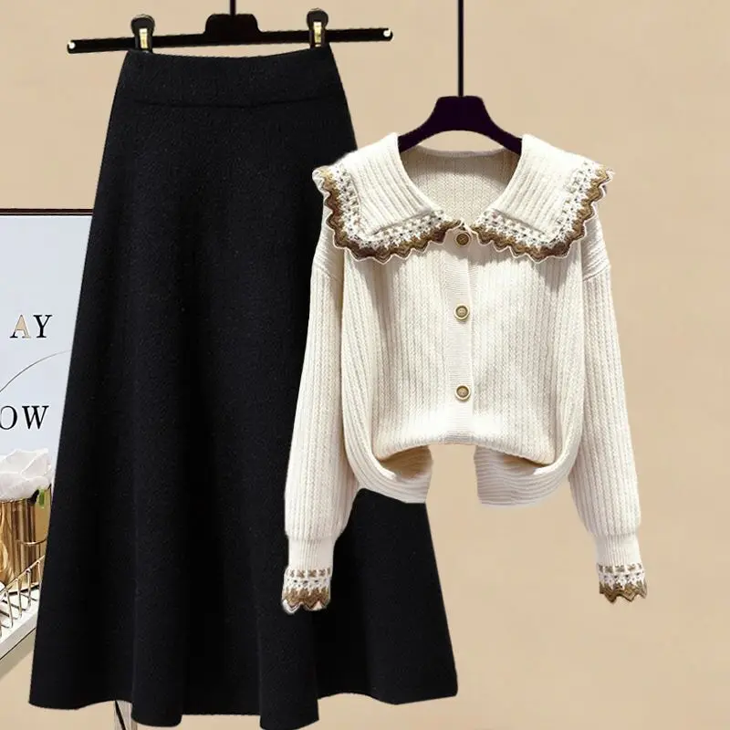 الخريف الشتاء أنيق محبوك بلوزات وتنورة قطعتين مجموعة المرأة الفرنسية شيك فستان طويل مجموعة