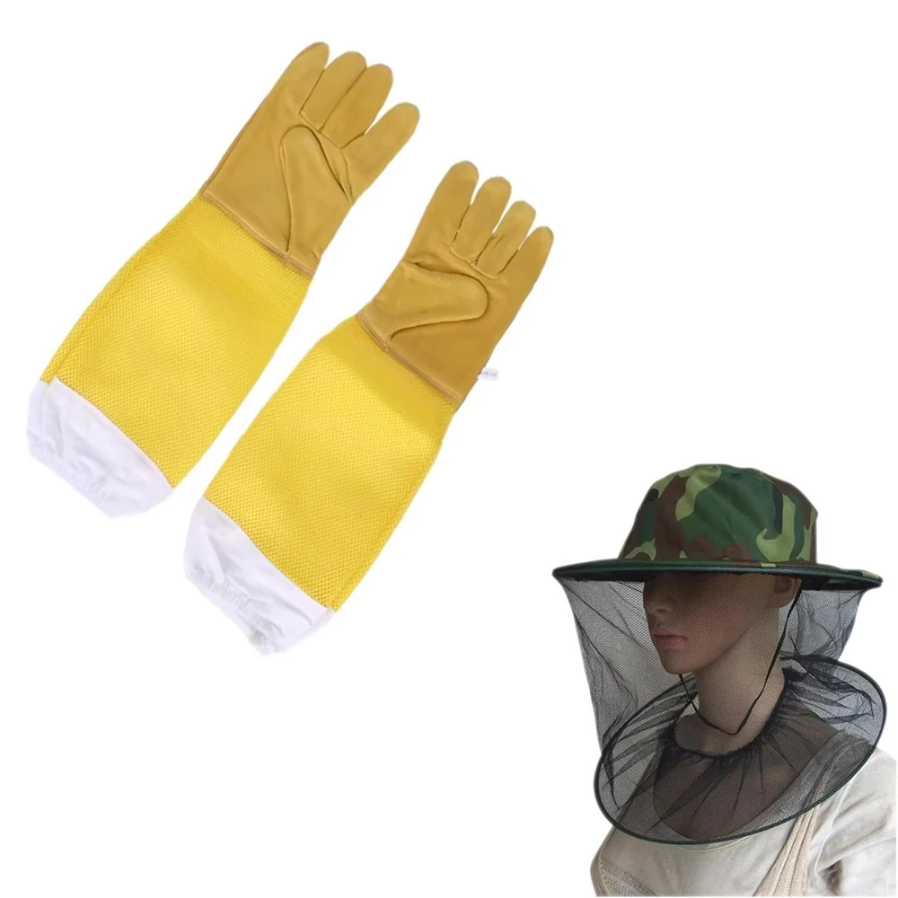 2XL Professional Beekeeping Gloves Hornets Premium Goatskin Leather Camouflage Shawl Wild Anti-mosquito Bee Cap Jungle