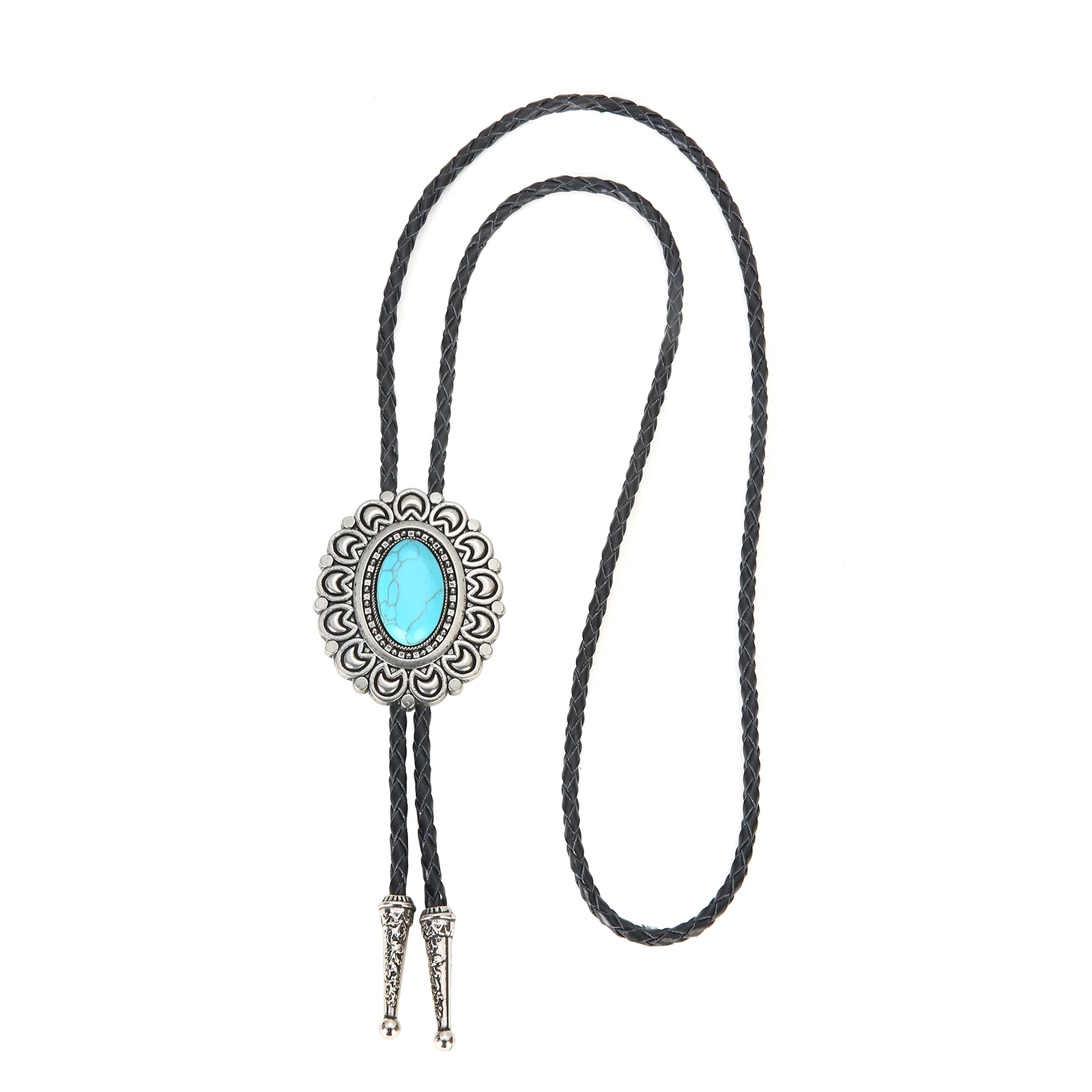 Western Denim Zinc Alloy Men'S Fashionable Leather Rope Crescent Pattern Turquoise Bolo Tie