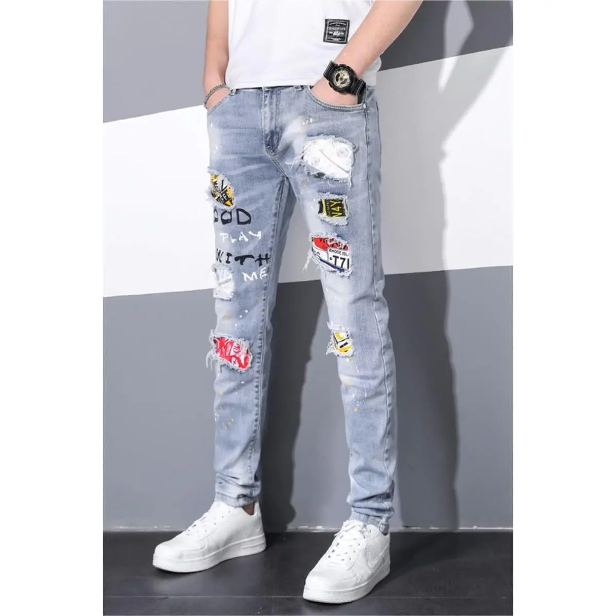 

Autumn Designer Many Ripped Holes Patches Luxury Men's Clothing Korean Slim-fit Beggar Trousers Trendy Brand Elastic Jeans Men