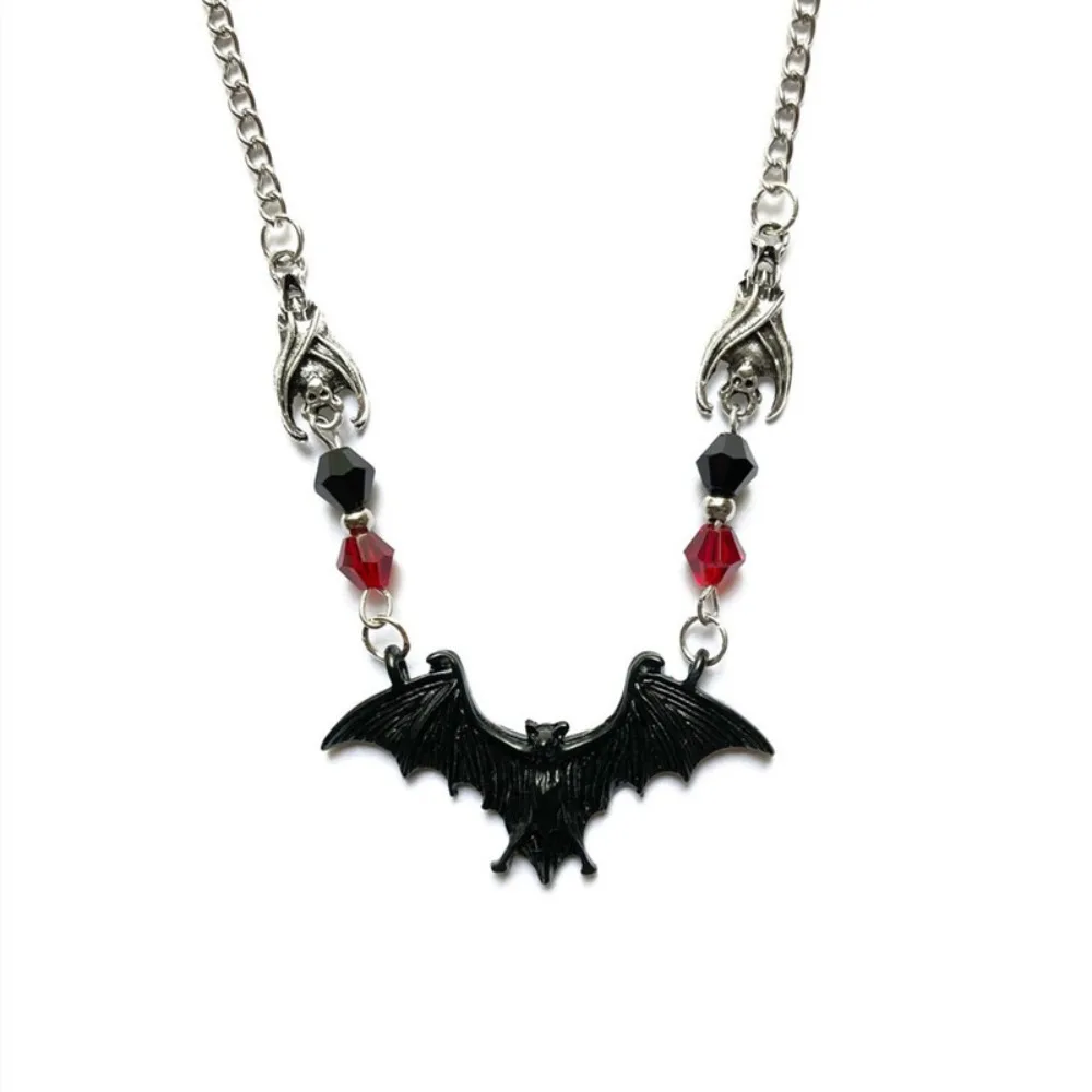 Gothic Personality Red Crystal Beads Vampire Black Bat Pendant Necklace for Women Men Hallowmas Party Collar Chain Jewelry Gifts