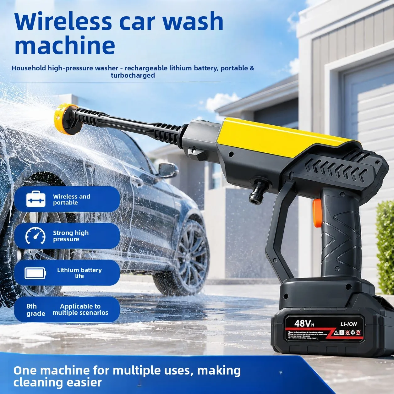 Portable High Pressure Water Gun, Wireless Li‑ion Powered Car Washer with High Output Motor